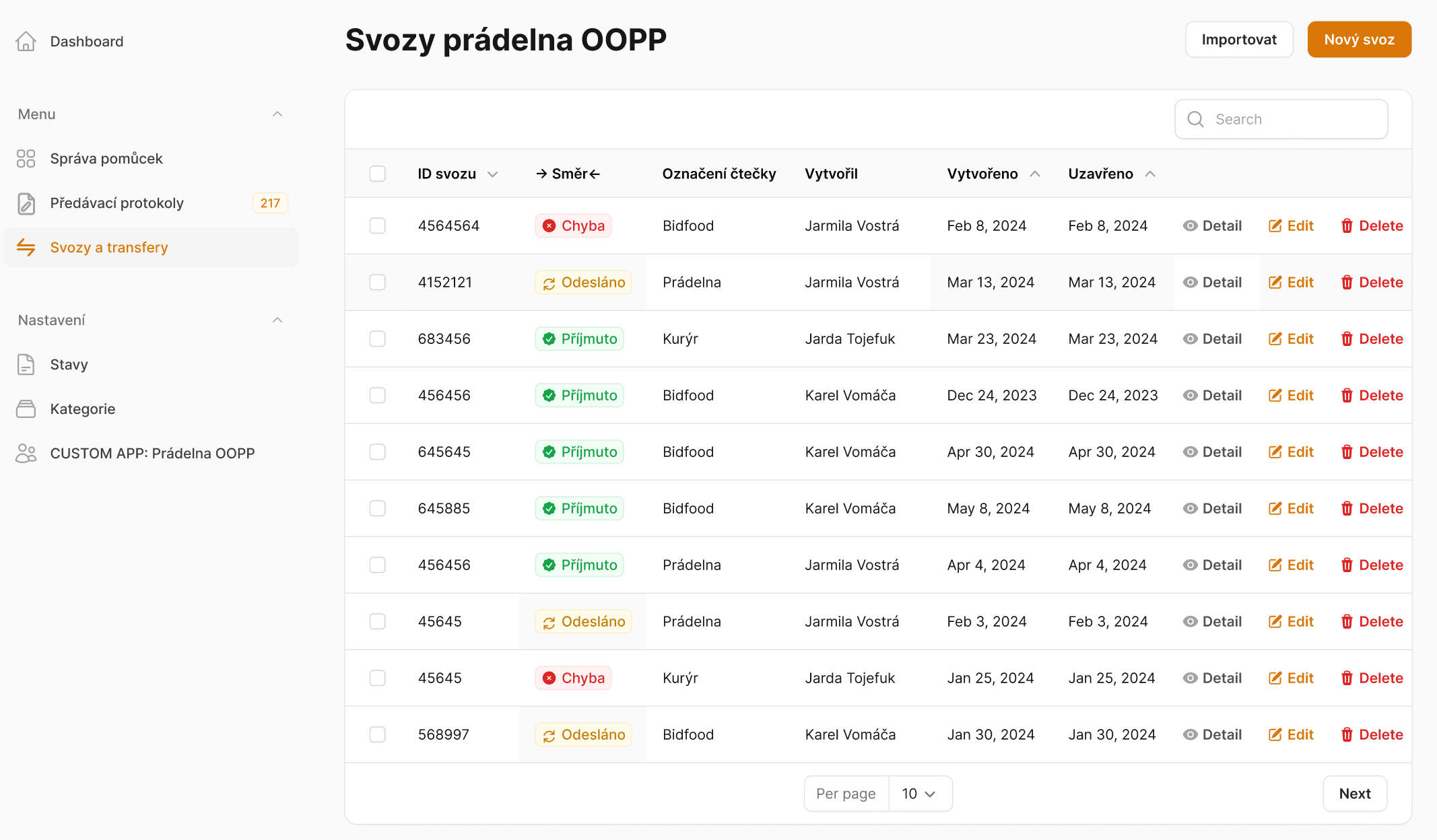 Pracovní pomůcky - svozy