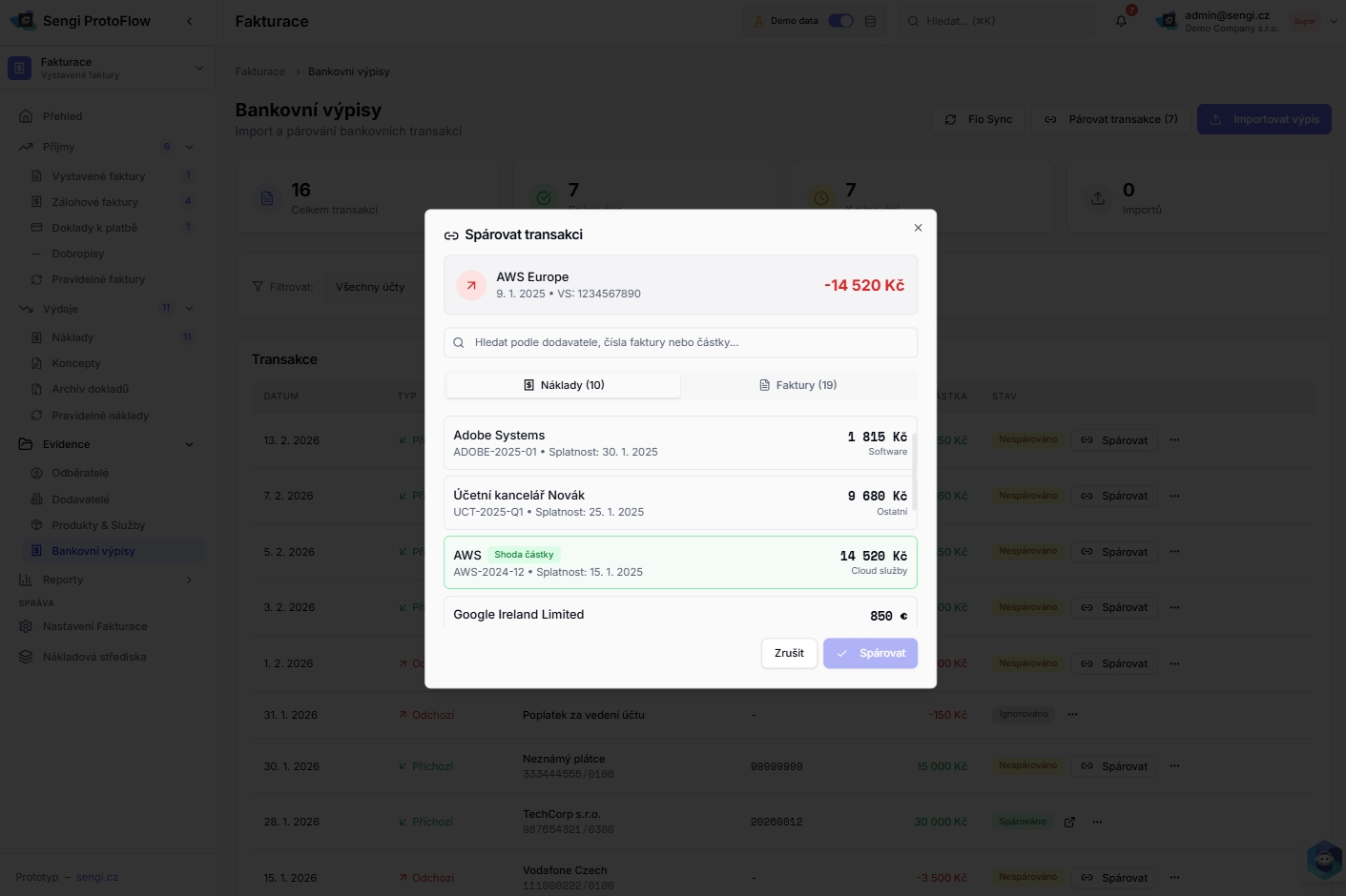 Sengi-Fakturace-TransakceParovani